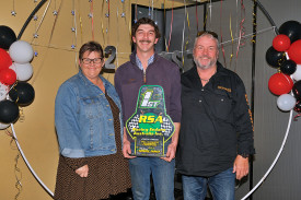 Gilgandra Speedway’s Nathan Harland (centre) received the Division One Fender Benders Champion Award. Pictured with Louise and Brian Harland.