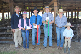 Meat sheep seniors: First – Alana Elsom; second – Blake Fairy; and third – Gus Howard; with Cherie and Hugo Pagan (right) and Paul Alchin (left).
