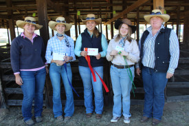 Cattle seniors: First – Molly Temple; second – Sarah Temple; third – Paige Gilmour; pictured with scorer Georgia Briggs (left) and judge Melissa Armstrong (right).