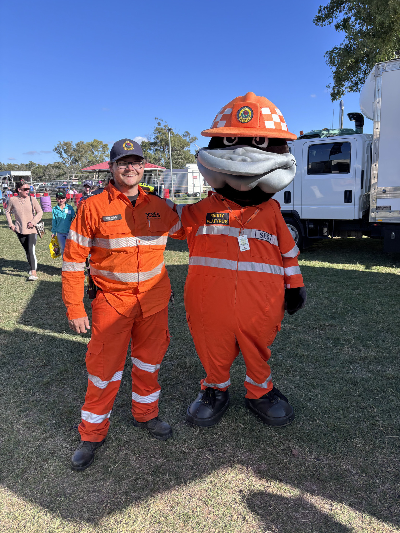 Gilgandra SES member Will Flood, with the SES mascot, ‘Paddy Platypus’ at the recent Gilgandra Show. Photo: The Gilgandra Weekly: Lucie Peart.