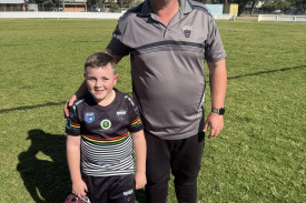 Under eights rugby league. Coach Bryan Dixon and Panther of the Week Chase Copelin. Photos supplied.