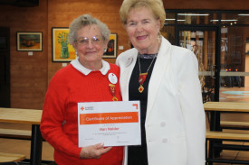 President Hilda Newstead with patron Nan Nalder, who has been acknowledged for 65 years service to Red Cross.