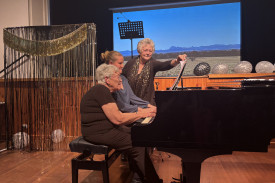 Piano duet by Estelle Joseph and Janet Cheal, “Hungarian Dance number six” by Brahms with page turning by Anne Younghusband.