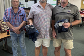 Peter Lummis with the Bendigo Bank Foursomes winners Matt Zell and Ashley Hazelton.