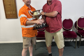 Winner Ike Morris accepting the trophy for the Estate of the late Spaddy Noonan Gilgandra Open, from Nick White.