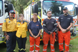 Rural Fire Service members Mark and Jasmine Sandry with Gilgandra State Emergency Service members Kylie Gibson, Will Riley, and David White.