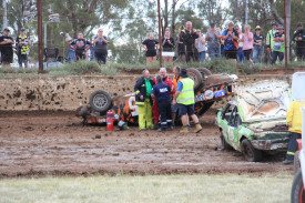 Gilgandra’s Brian Harland flipped his Fender Bender during an encounter with fellow resident Corey Broom. Photos by The Gilgandra Weekly: Lucie Peart.