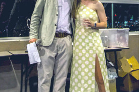 Coach Zac Mills with the Flamin’ Galahs Most Improved Award recipient Sarah Chandler.