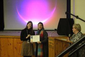 Certificates of appreciation were awarded to representatives of the films featured in Early Harvest Films. Pictured are Kristina Wendt from the Library Tech Club (left), Donna Colwell from St Joseph’s School (right), and Charlotte Target who presented the certificates. Photo by The Gilgandra Weekly: Nicholas Croker.