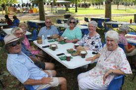 Ed Wlodarczyk, Ally and Barb Prout, Frank and Ronda Zell, Edie Wlodarczyk, and Margo Piggott enjoying the Australia Day breakfast in Hunter Park.