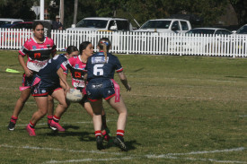 Ahrens Gilgandra Pink Panther captain Mab Fuller looking to pass off in the 22-10 loss to Cobar.