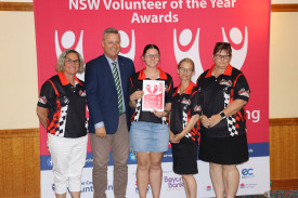 Gilgandra District Speedway Club’s Kelly Broom, with Jamie Chaffey, and speedway’s Hannah Harland, Zoe Howard, and Louise Harland.