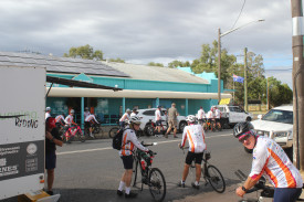 Members of Tour de OROC riding group one prepare to set off after a refreshing break at Gilgandra Toyota. Gilgandra and Dubbo City Toyota director David Hayes is also riding in this year’s tour and are a sponsor of the charity event.
