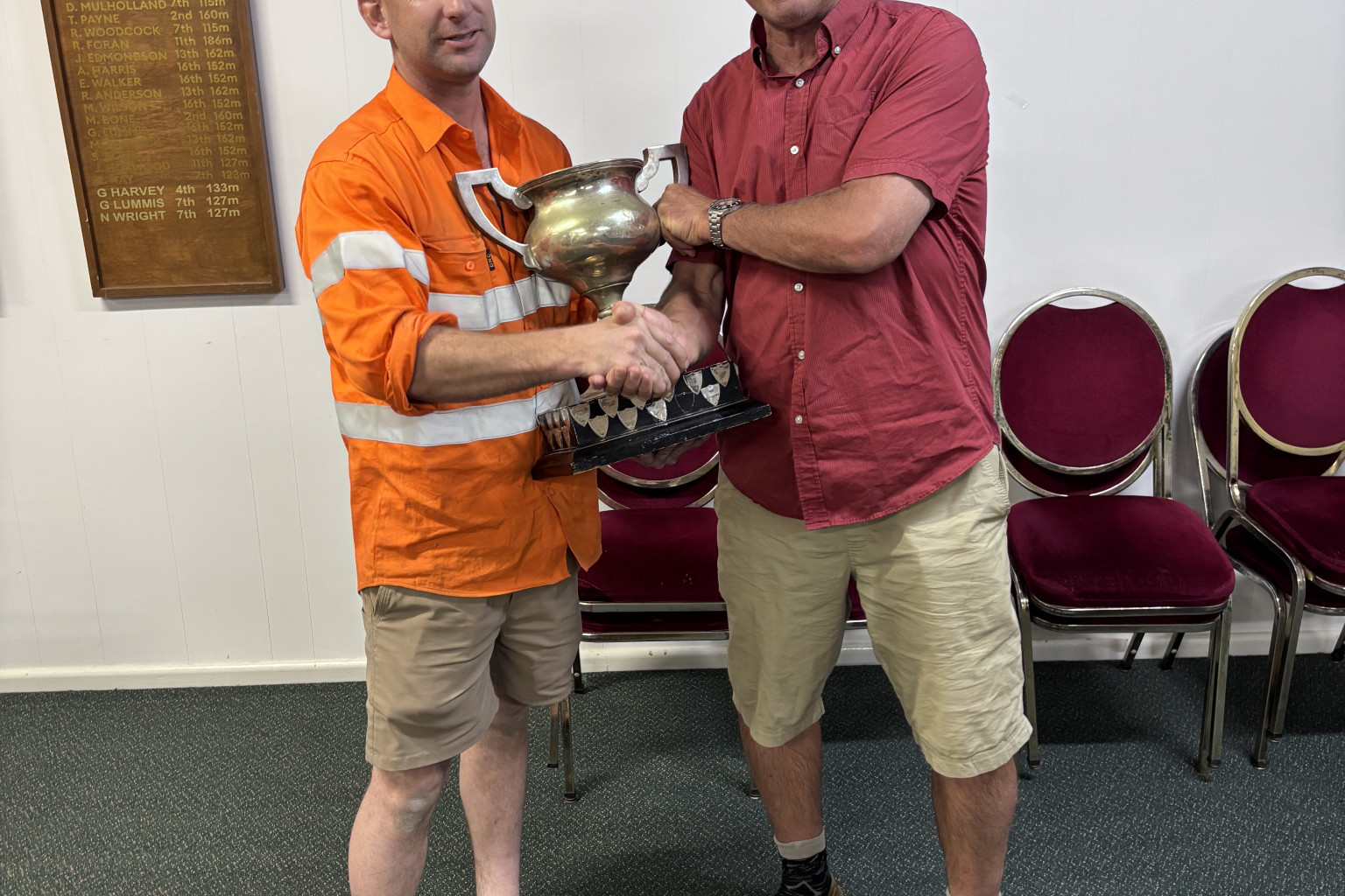 New president, Ike Morris accepting the trophy for the Estate of the late Spaddy Noonan Gilgandra Open, from Nick White at the golf club's 2025 presentation.. Photo by The Gilgandra Weekly.