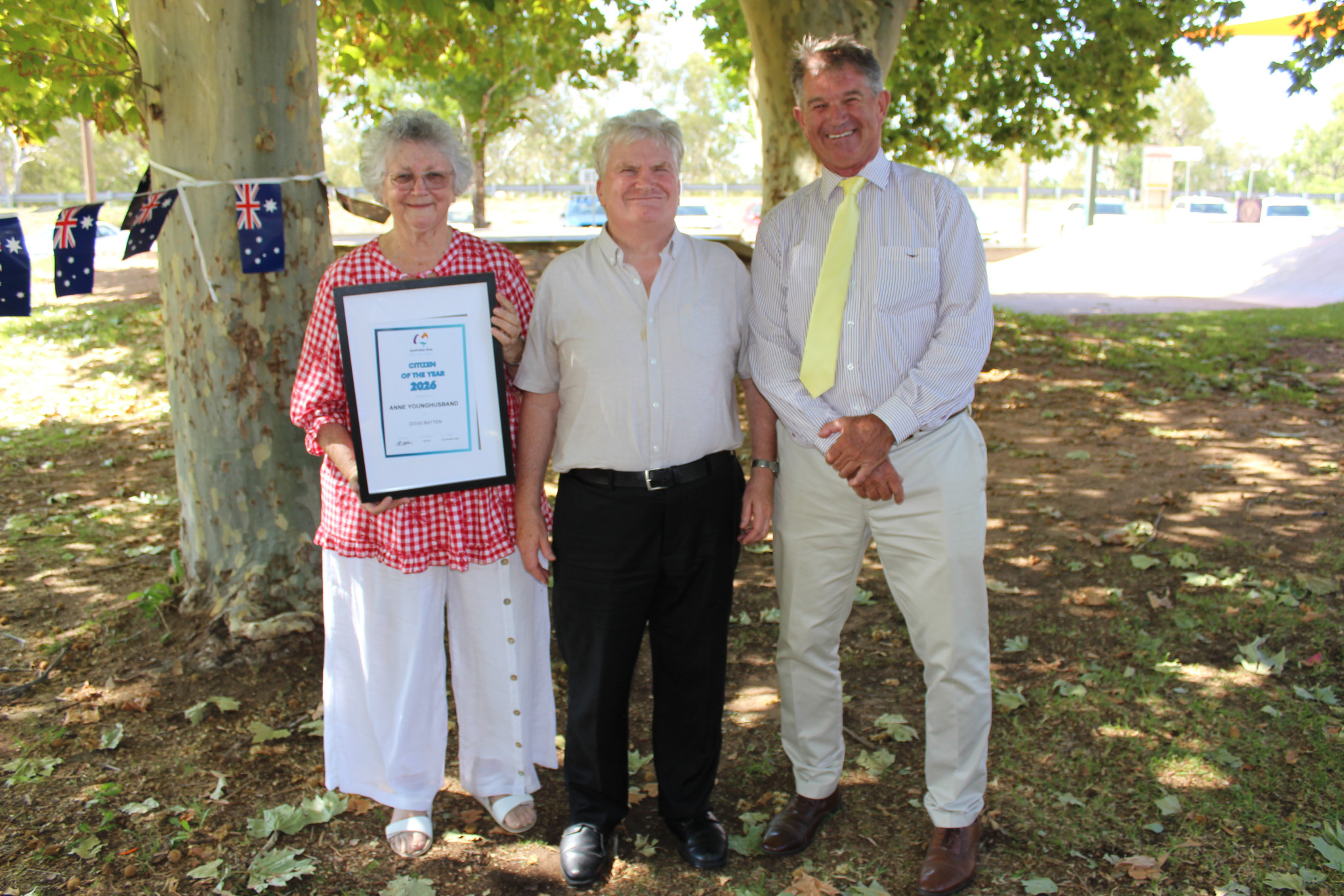 Anne Younghusband has been named Gilgandra&rsquo;s 2026 Citizen of the Year. Pictured with 2026 Australia Day Ambassador, Nicholas Gleeson and Gilgandra Shire Council&rsquo;s deputy mayor, Nick White. Photo by The Gilgandra Weekly: Lucie Peart.