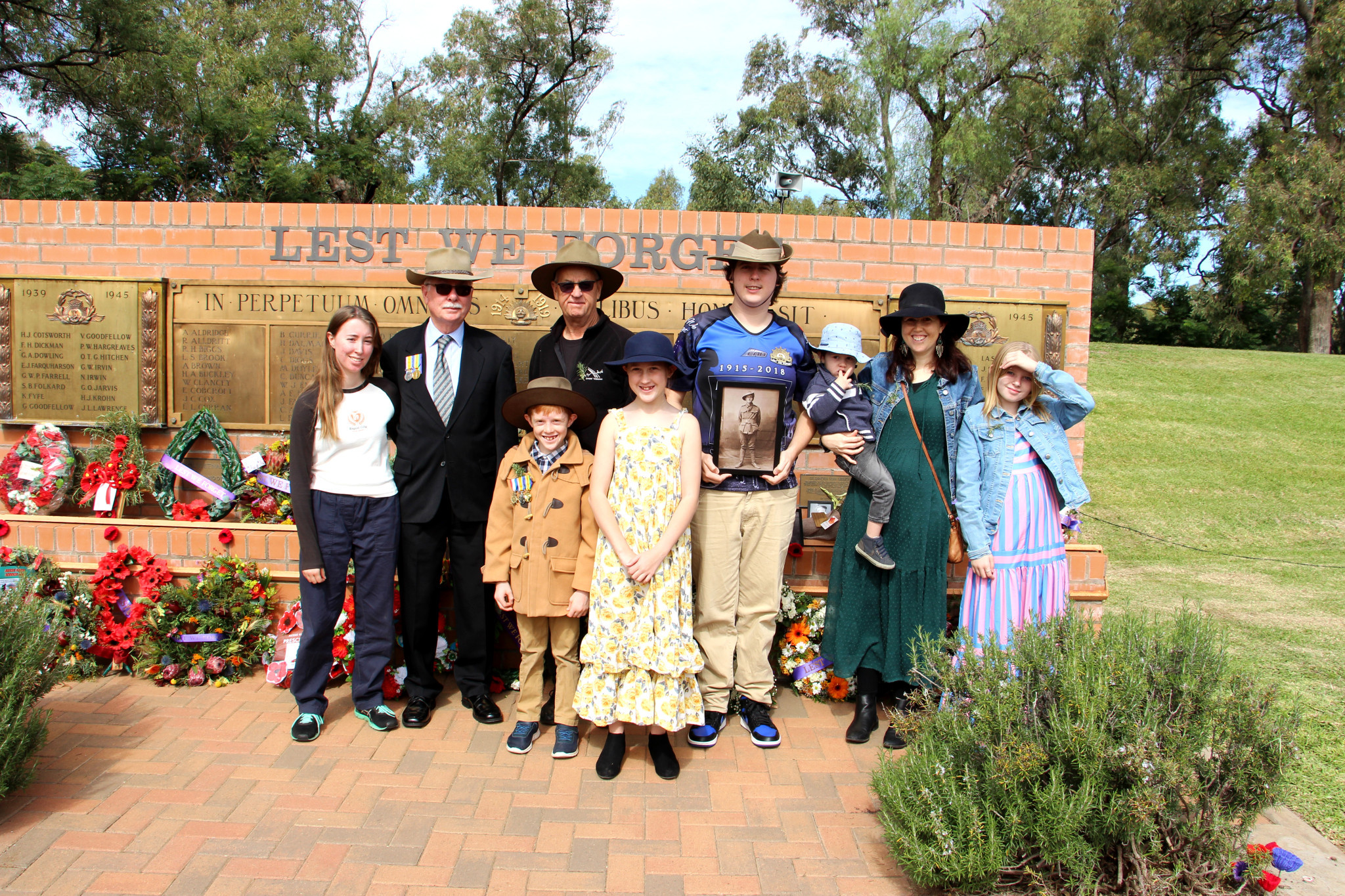 Descendants of Frederick John Stubbs, and of Charles and Arthur Hobbs (who are remembered on the Gilgandra War Memorial), placed wreaths and photos at this year’s ANZAC Day commemorations to honour their sacrifice. Photo by The Gilgandra Weekly: Lucie Peart.
