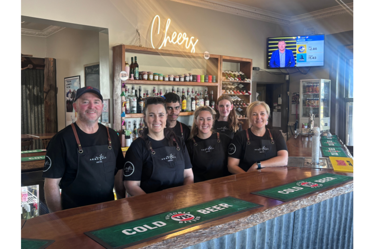 Armatree Hotel reopened over the weekend. Pictured are new owners Brett and Renee Ryan with Cooper Peters, Emma Musgrave, Stephanie Fardell, and Casey Wykes. Photo by The Gilgandra Weekly: Lucie Peart.