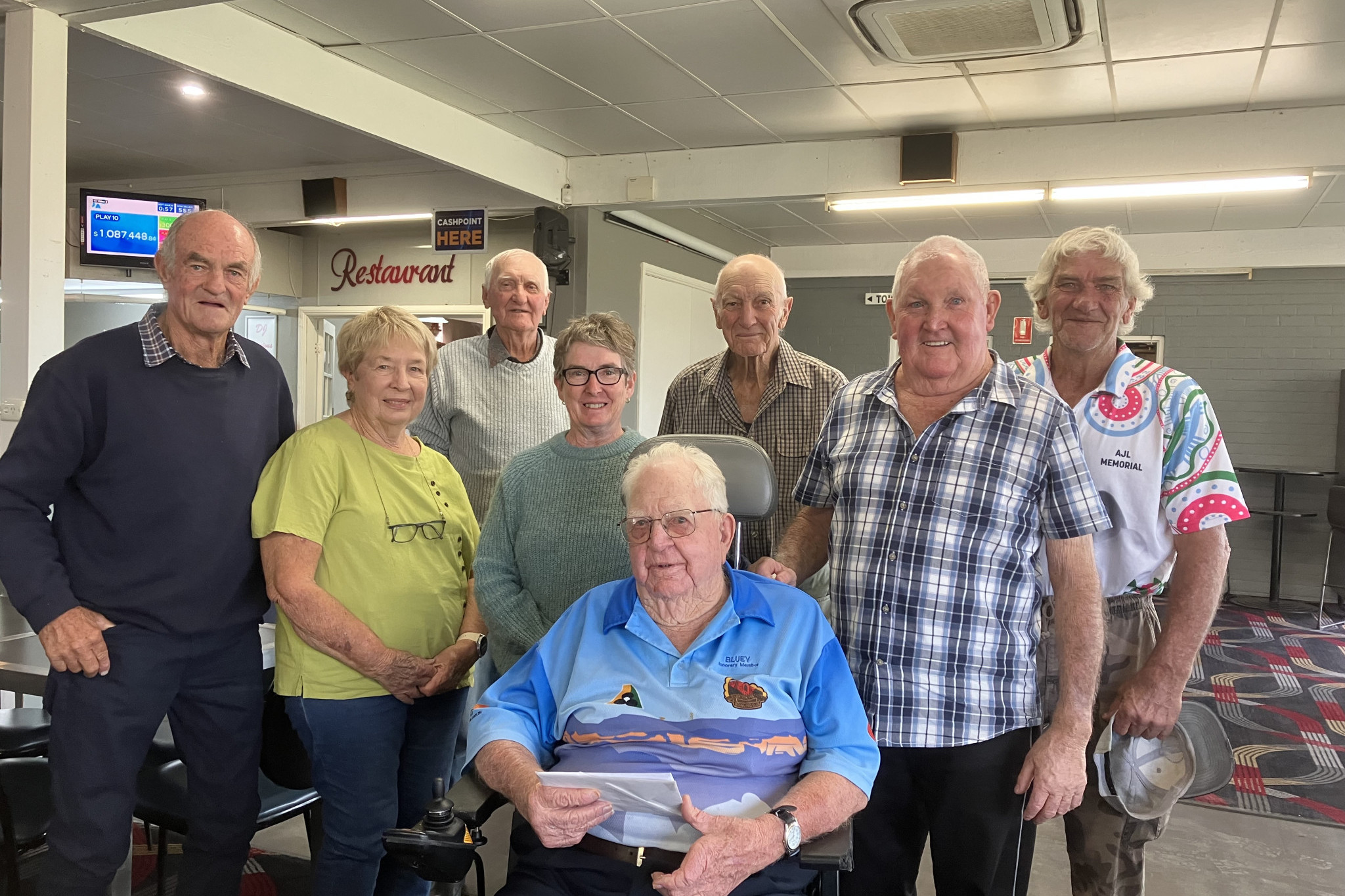 Kevin ‘Blue’ Milgate (front and centre) turned 99 years young on Friday, May 3 and celebrated with a lunch at Gilgandra Sporties. He had another lunch the next day with his family at The Sporties. Photo: Supplied.