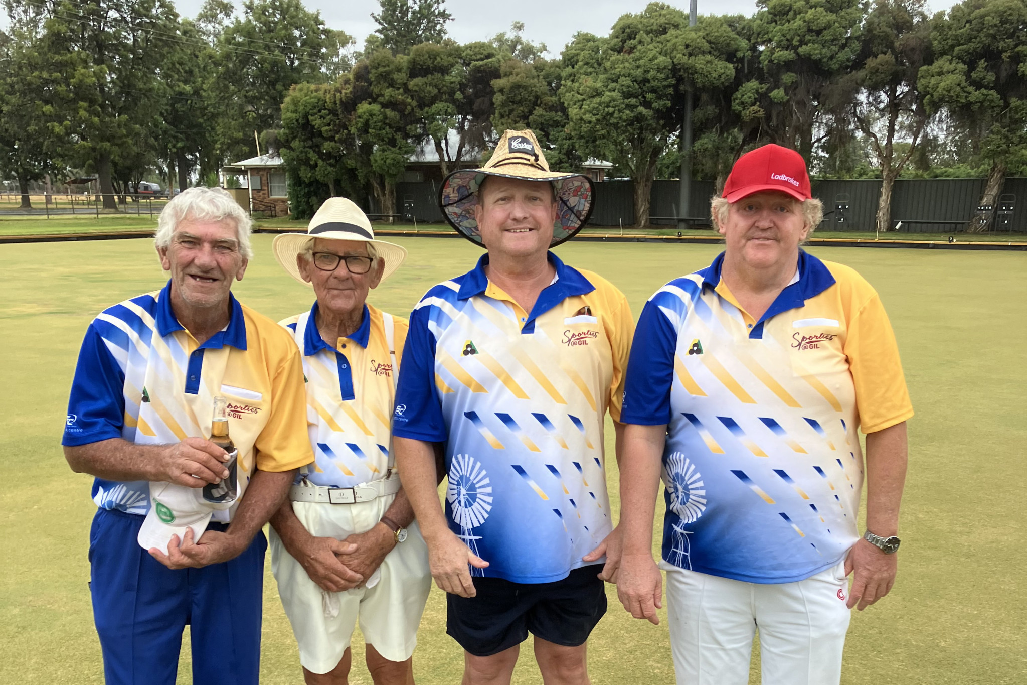 One happy team after the first round of the Fours Championships at Gilgandra Bowling Club on Saturday. Pictured are Rambo Young, Bruce Parker, Gavin Glover, and Tom Ledger. Photo supplied.