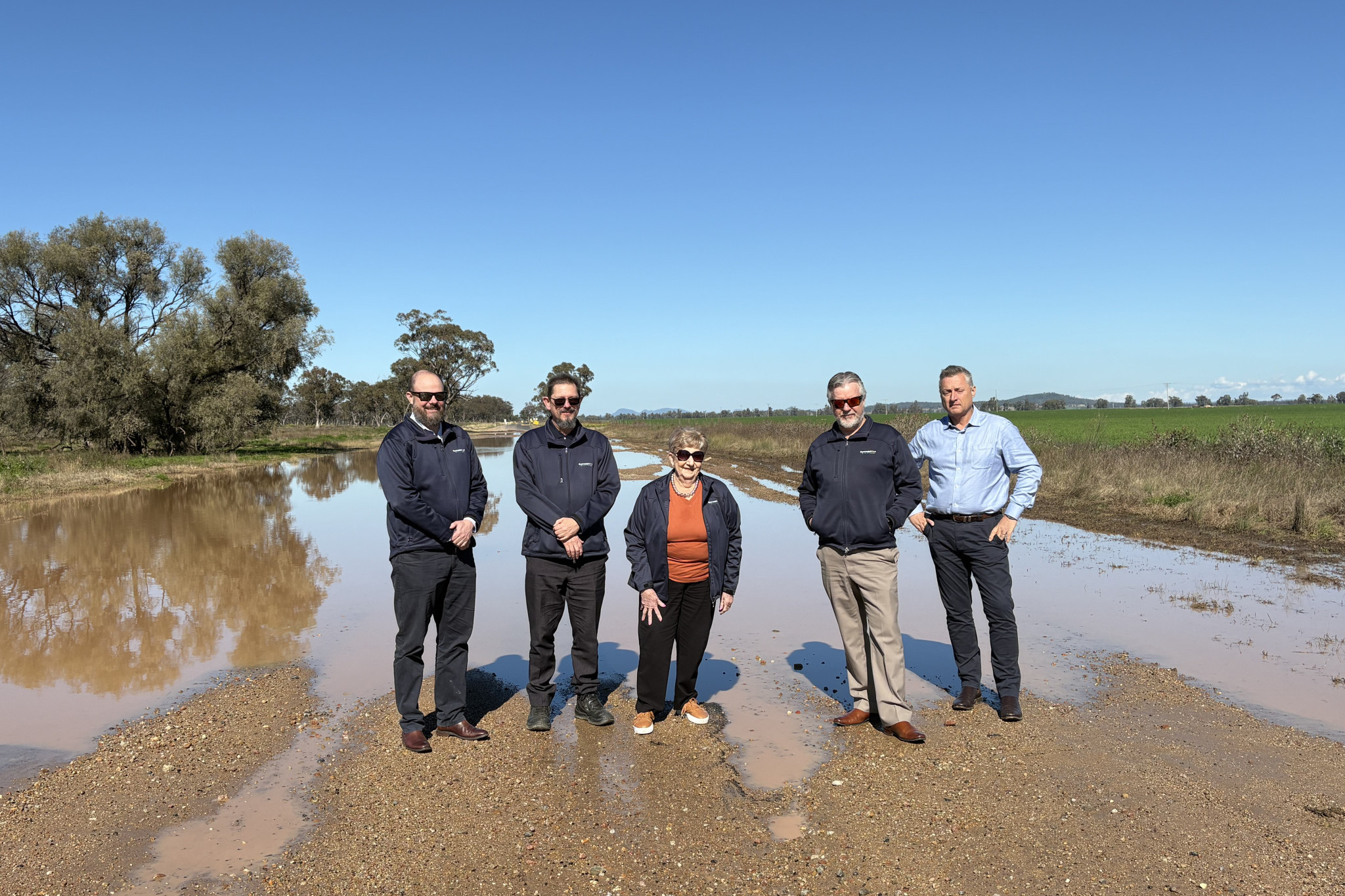 Gunnedah Shire Council's director of infrastructure services Jeremy Bartlett, roads manager Peter Smith, mayor Colleen Fuller, and general manager Eric Groth with member for Parkes Jamie Chaffey, at Grain Valley Road. Photo supplied.