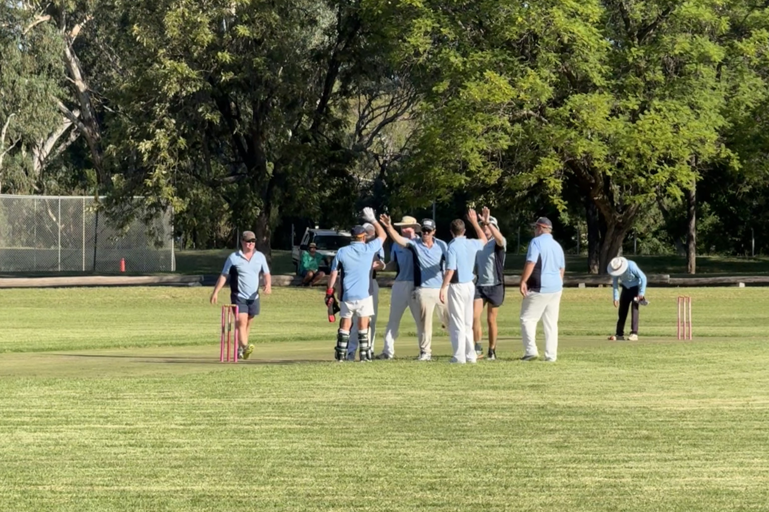 The tables start to turn… Marthaguy celebrates Harry Gaynor’s dismissal of Coonamble captain Tyne Chapman. Photo contributed.