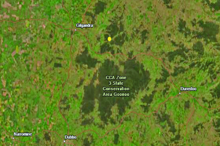 Earthquake Graphic. The yellow dot shows the location of last week’s earthquake in the Gilgandra shire, around 23 kilometres east of Gilgandra. Image courtesy of Australian Government Geoscience Australia website.