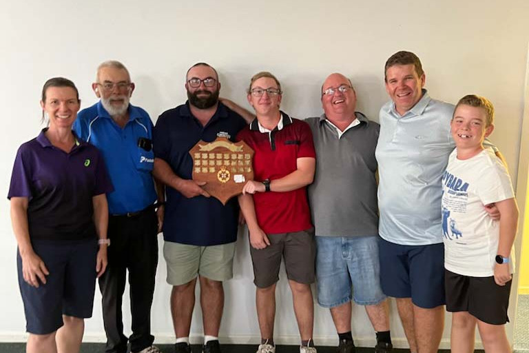 Winners of Good Friday’s Martin Clift Memorial Ambrose were the father and son duos team of (middle) Geoff and Allan Lummis, Aiden and Mark Hinchcliffe, with the event sponsors Mel (left), Ian, and Ollie Clift (right). Photo: contributed.