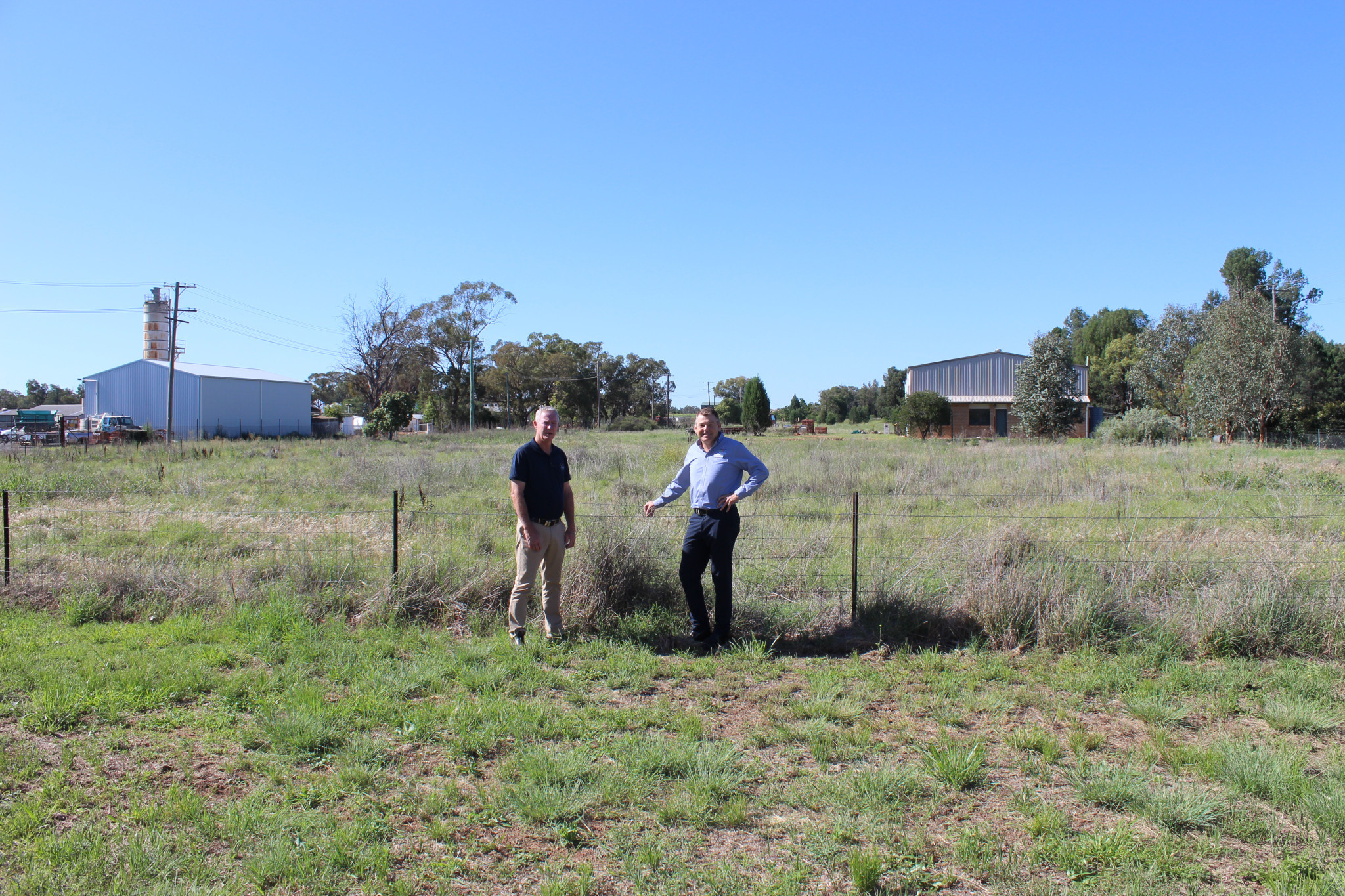 Gilgandra Shire Council’s director of growth and liveability Neil Alchin with general manager David Neeves at the site of the new industrial estate at Naden Drive. 12 lots will be available to purchase in the first half of 2024. Photo By The Gilgandra Weekly.