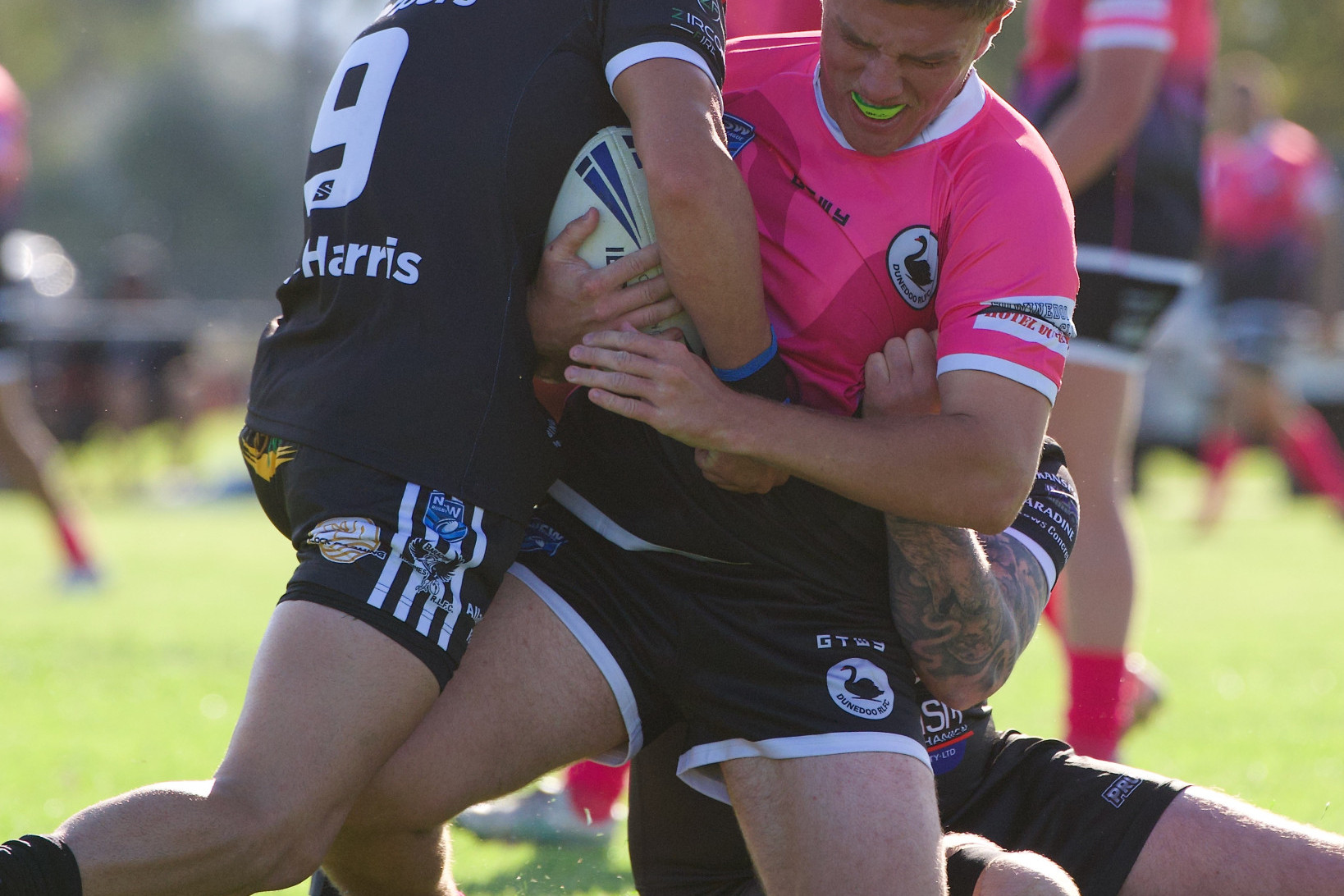 Issac Alchin (Dunedoo) being tackled by Lane Hawkins (Baradine) during round three of the Castlereagh League. Photos courtesy of Peter Sherwood Photography and Framing.
