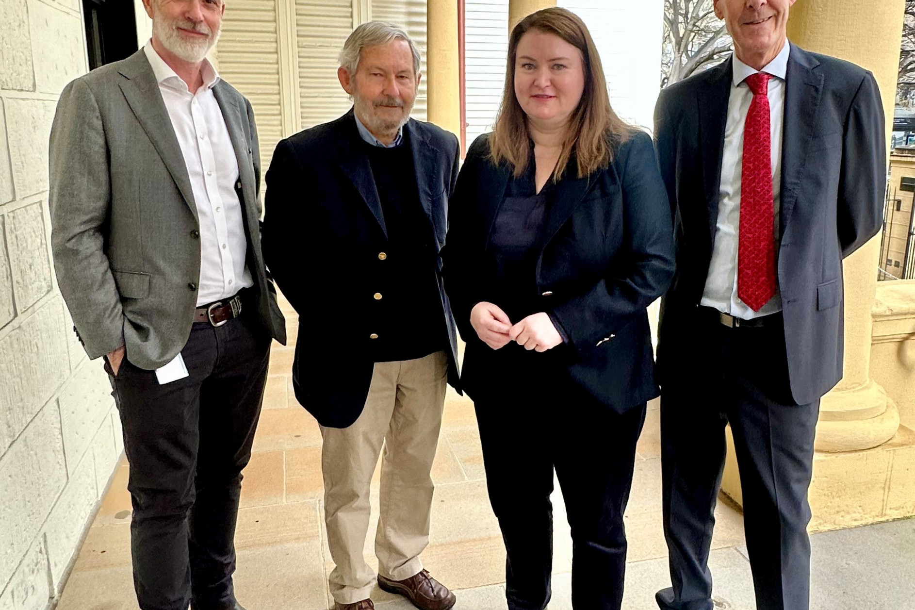 Andrew McKenzie (Meat Livestock Australia); Peter Kirkland (DPIRD Scientist), Tara Moriarty (NSW Minister for Agriculture); and Peter McGrath (Tiba Biotech head). Photo supplied.