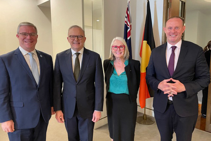 CMA chairman mayor Rick Firman OAM; prime minister Anthony Albanese; immediate past LGNSW president and CMA board member mayor Phyllis Miller OAM (Forbes shire); and the newly elected president of LGNSW, mayor Darcy Byrne (Inner West Council). Photo supplied.