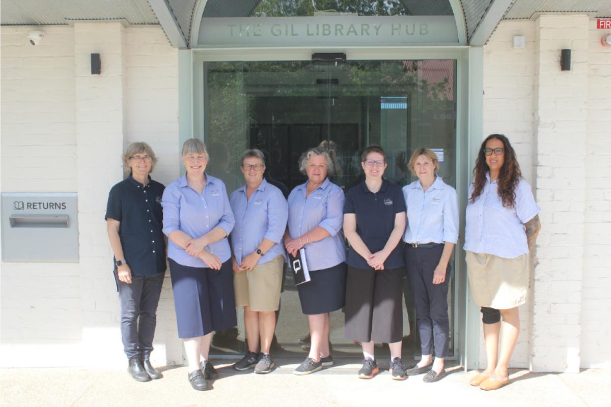 Library staff members, Sally Nalder, Elisabeth McCutcheon, Lorraine Hutchison, Rhonda Zell, Susie Harvey, Jenny Kilby, and Kristina Wendt, out the front of the new GIL Library Hub in Miller Street. Photo by The Gilgandra Weekly: Nicholas Croker.