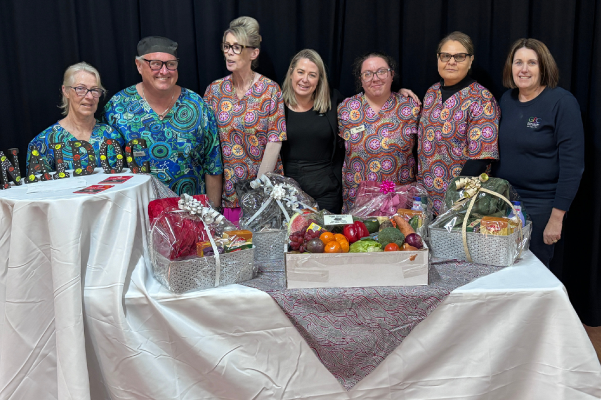 Jack Towney staff members Sue, Michael, Jayne, Bec, Taylor, Kay, and Gilgandra Shire Council’s aged care director Donna Dobson at the NAIDOC Week Elders Luncheon at Gilgandra Shire Hall on Thursday, July 17, 2025. Photos by The Gilgandra Weekly: Lucie Peart.