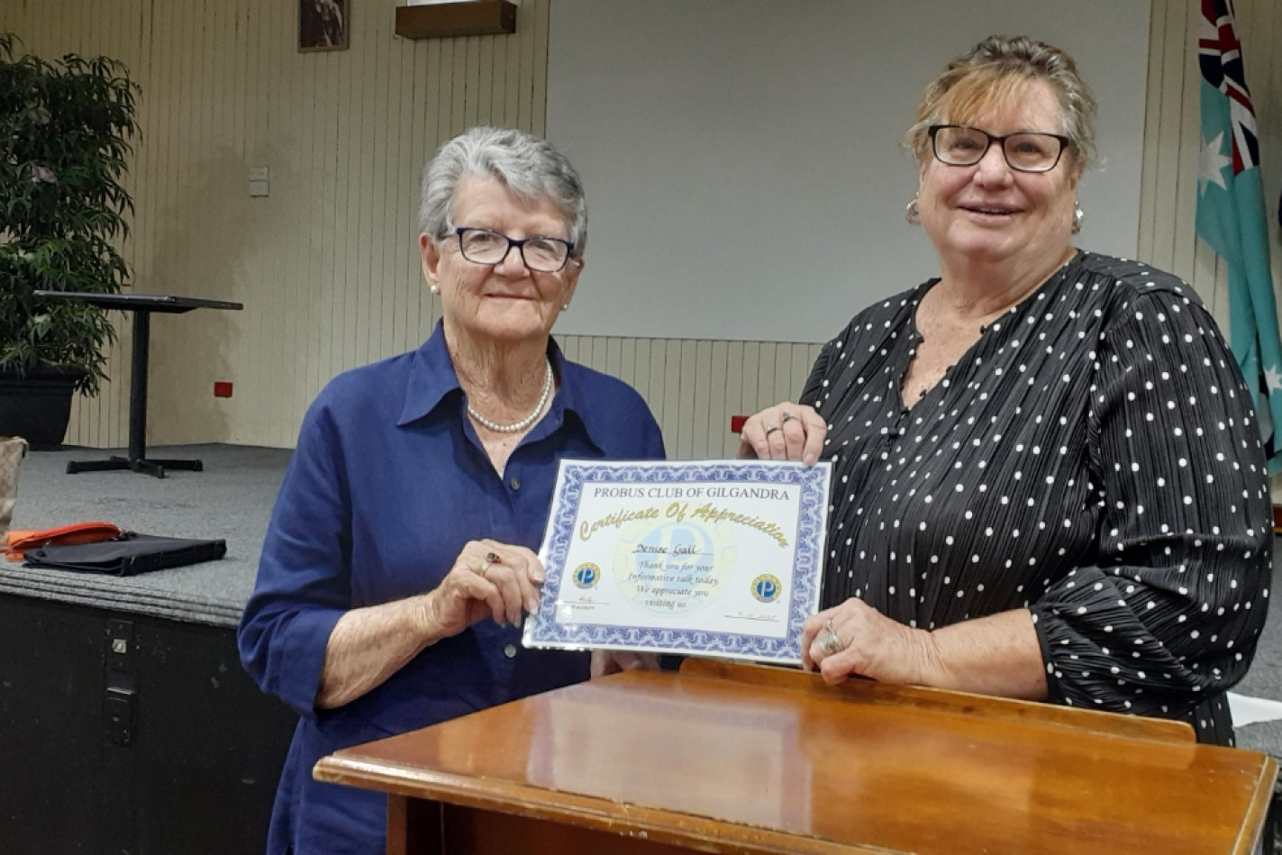 PROBUS Club’s Marg Smith with October guest speaker, Denise Gall. Photo supplied.