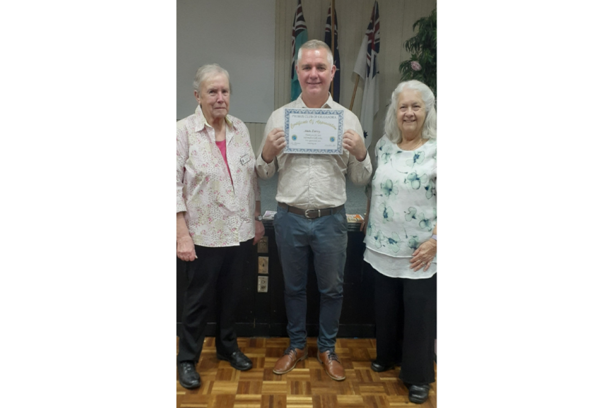 PROBUS Club’s Robin Frost with September guest speaker from Gilgandra Public School, principal Michael Darcy and the club’s vice-president Brenda Walker. Photo contributed.