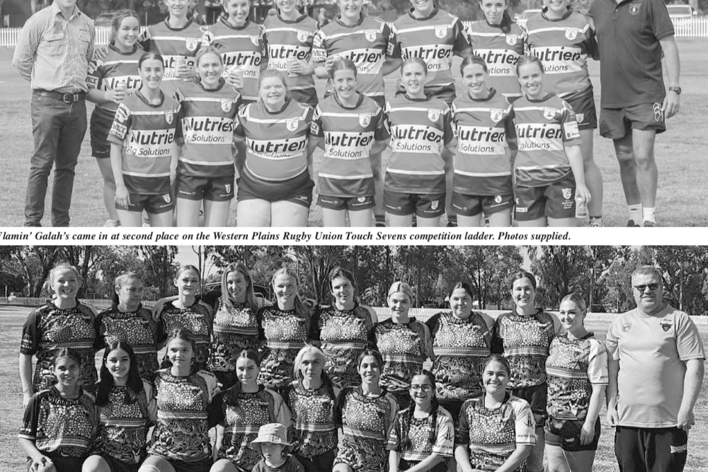 Top: Gilgandra's Flamin' Galahs Tri Tag team 2023. Bottom: 2023 Gilgandra Pink Panthers League Tag side.