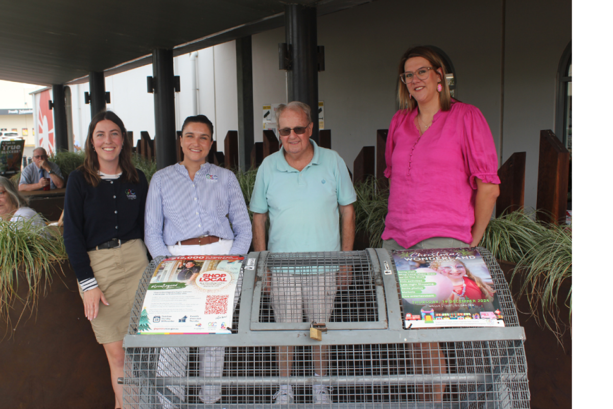 The first 2024 Shop Local draw was held on Thursday, November 28. Pictured are council’s Amy Haling and Merscia Kouroulis, with Doug Clouten and Claire Harvey. Photo by The Gilgandra Weekly: Nicholas Croker.