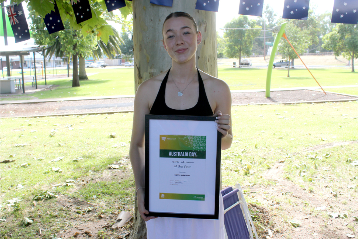 Netballer Sienna Marchant received the 2025 Sports Achievement Award at the Australia Day ceremony in Hunter Park. Photos by The Gilgandra Weekly: Nicholas Croker.