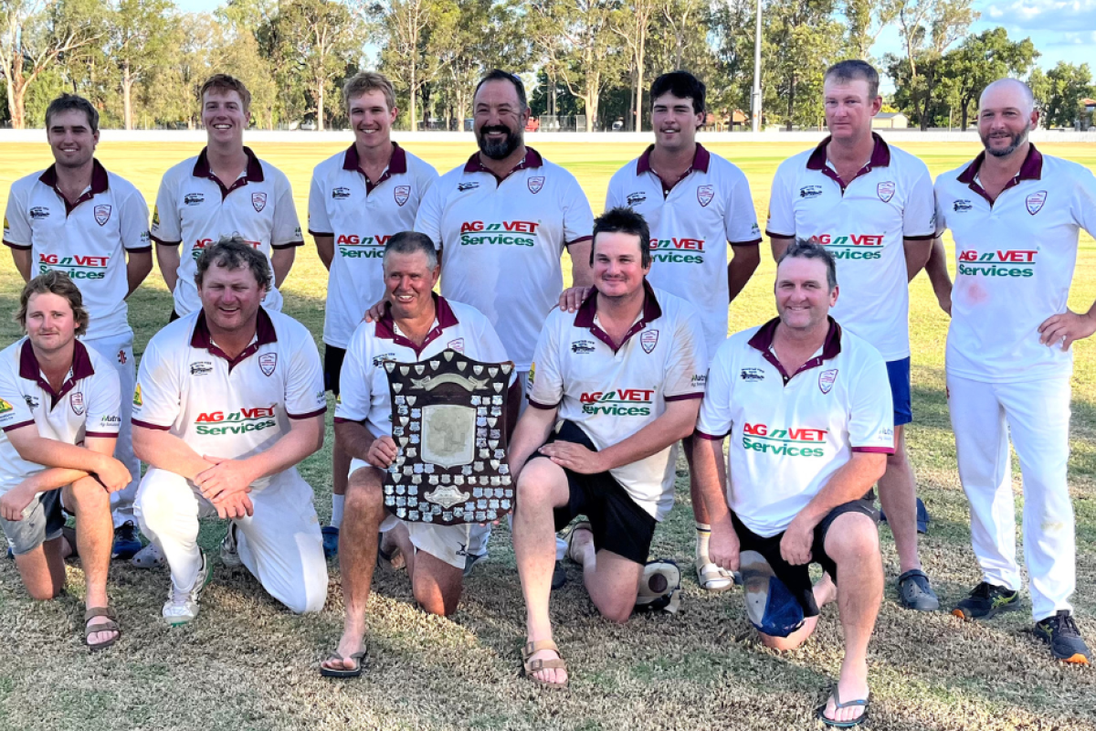 Biddon-Tooraweenah with the Bendigo Bank ABC Shield after its three-wicket win against Town Services in Saturday’s GDCA grand final at McGrane Oval, Gilgandra. Photos courtesy of Gilgandra District Cricket Association.