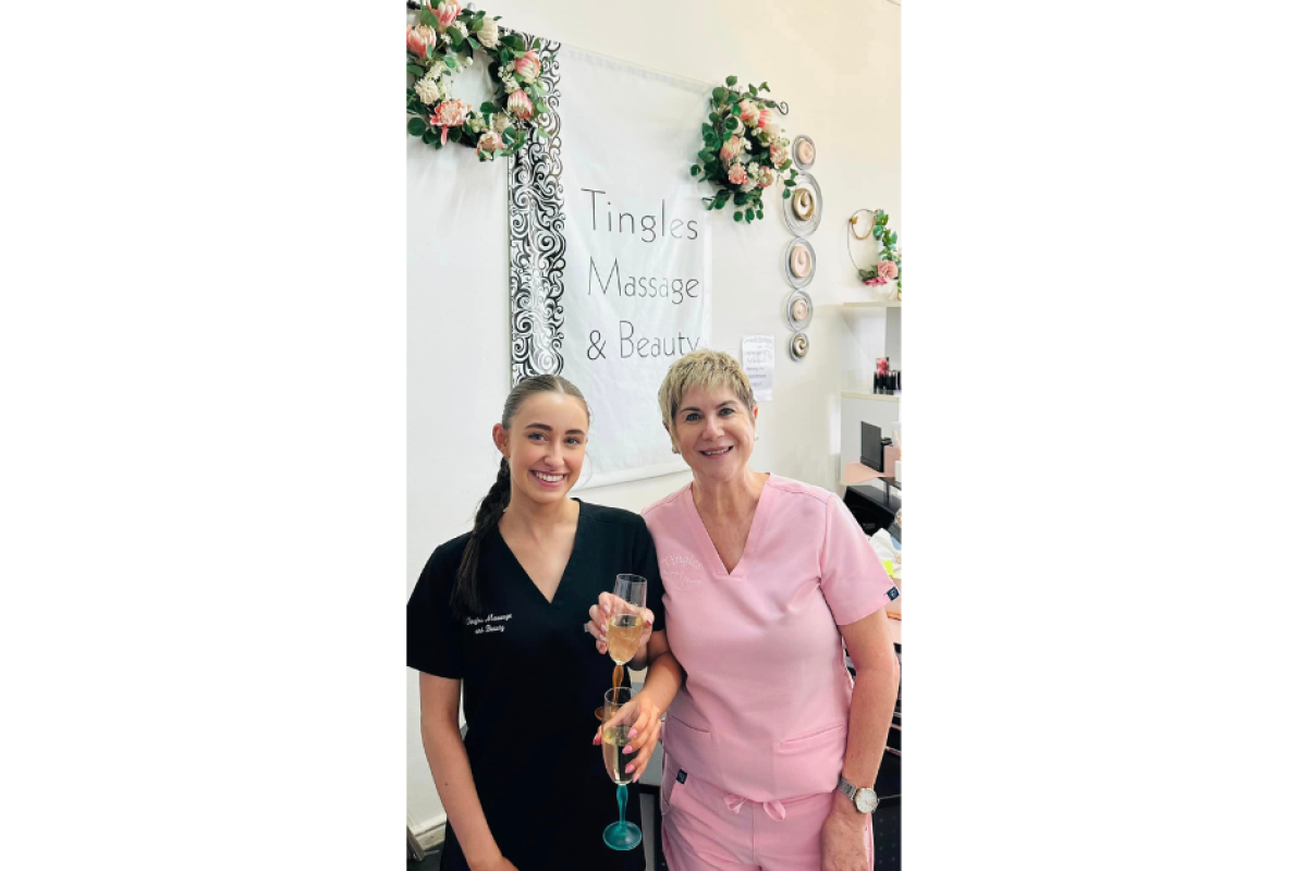 Tingles Massage and Beauty’s Olivia Schier and owner Cynthia Anderson celebrated the business’ 15-year milestone last week. Photo supplied.