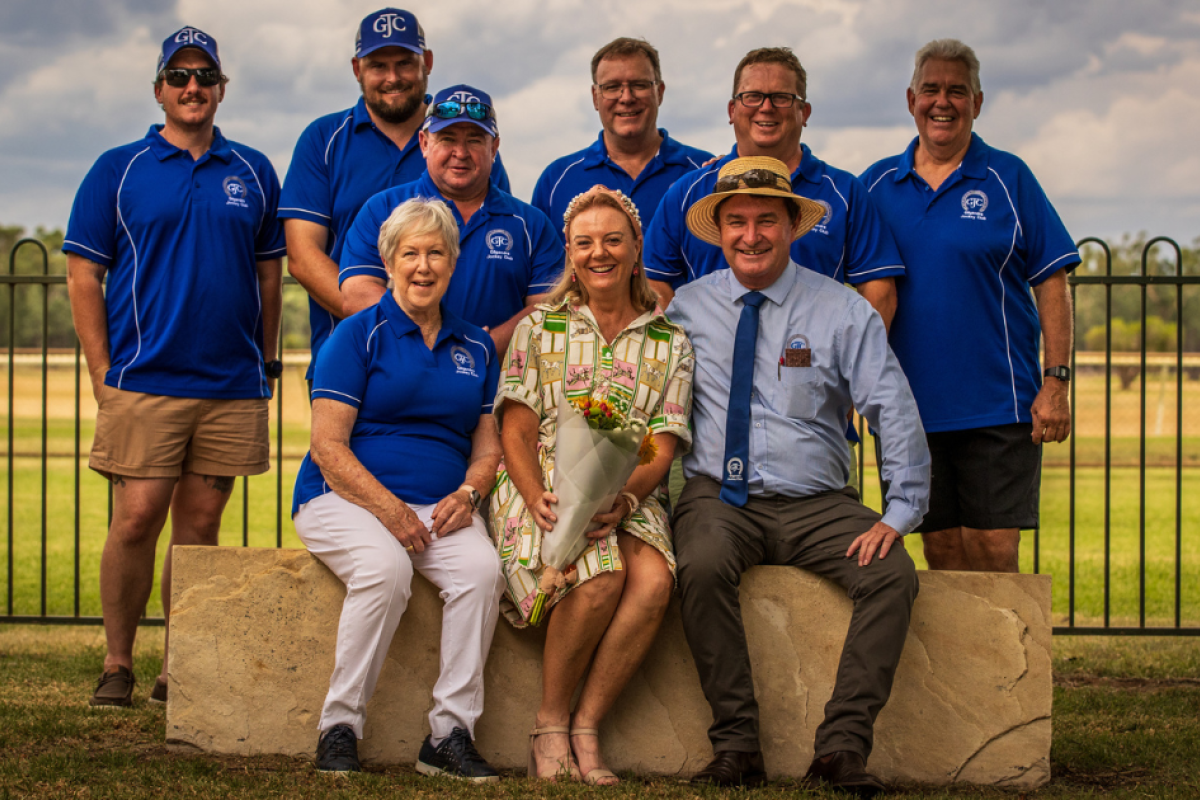 Former Gilgandra Jockey Club secretary/chief executive officer Rebecca McKay (centre) was farwelled by GJC members and executive at the Tooraweenah Cup meeting. Photo courtesy of: Janian McMillian of www.racing photography.com.au