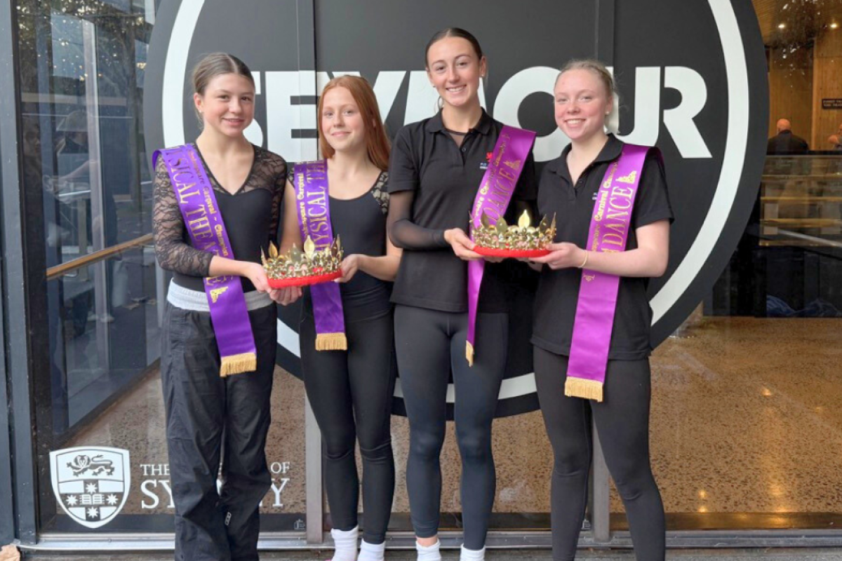 PLC Armidale state champions Olive McFarlane and Gilgandra’s Poppy-Grace Newton (physical theatre) , Molly Chard and Lucy Ward (dance). Photo supplied.