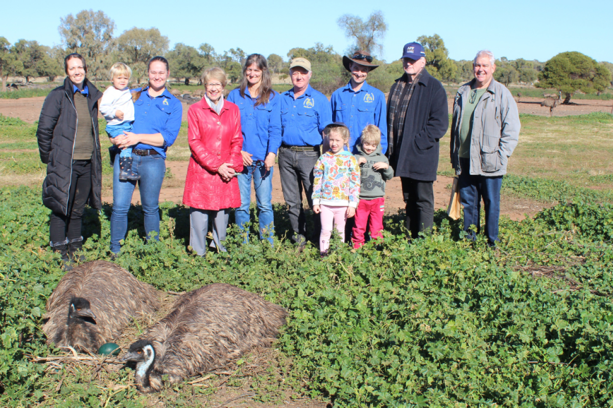 A warm welcome at Emu Logic, Tooraweenah, for the Vice-Regal couple, Her Excellency the Honourable Margaret Beazley AC KC, Governor of NSW (fourth from left), and Mr Dennis Wilson (second from right). Photo by The Gilgandra Weekly: Lucie Peart.