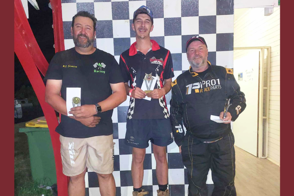 Nathan Harland (centre) won the NSW Fender Benders with fellow Gilgandra driver Brian Harland (right) in second place and Simon Sepos (right) in third. Photo: Gil Speedway.