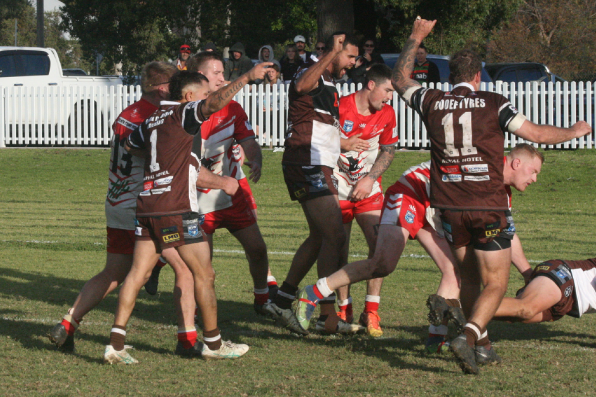 The Panthers celebrating a try.
