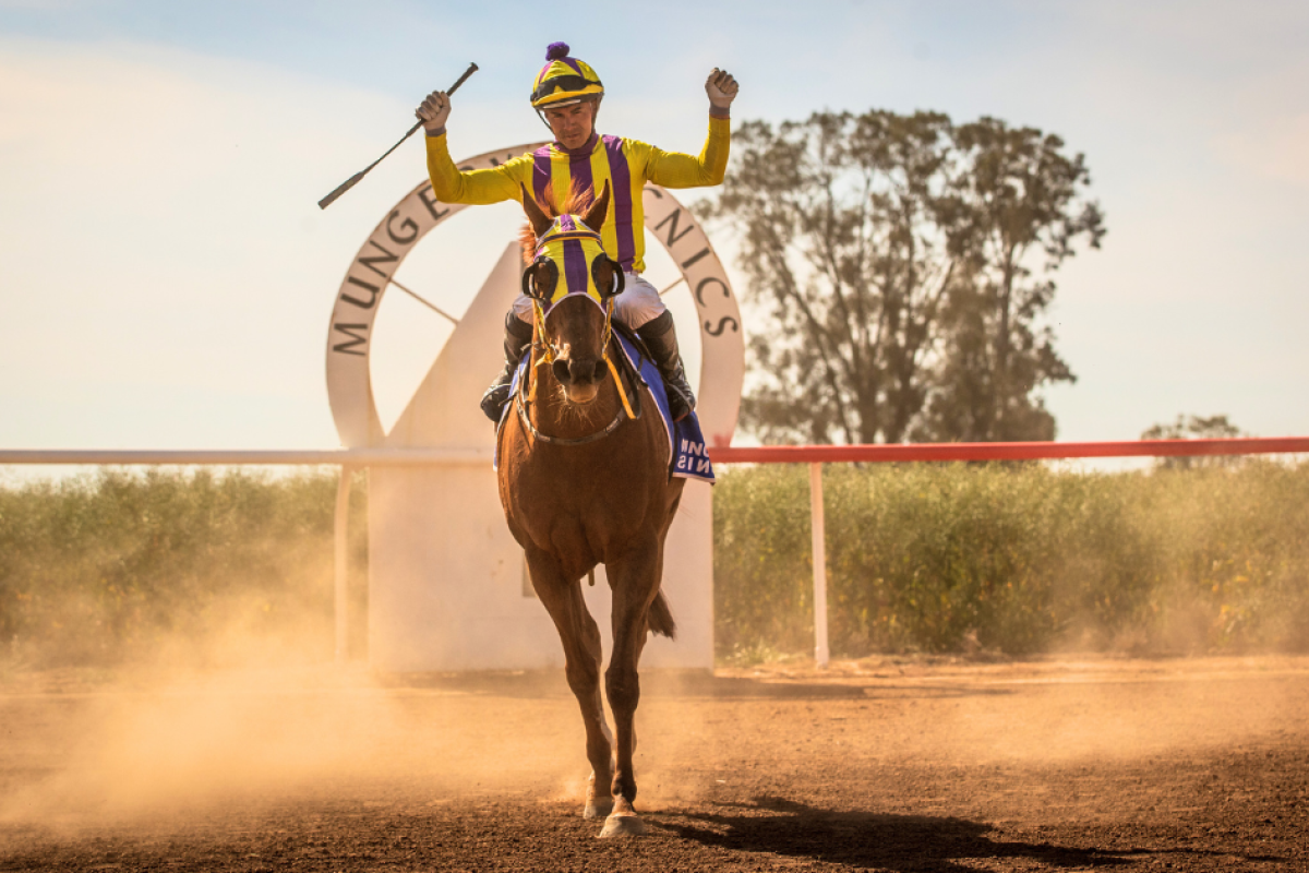 Jockey Leandro Ribeiro celebrates winning the QUBE AGRI 2025 Mungery Picnic Cup on Sunday, October 5 with Allande (trained by Connie Greig). Photo courtesy of www.racingphotography.com.au
