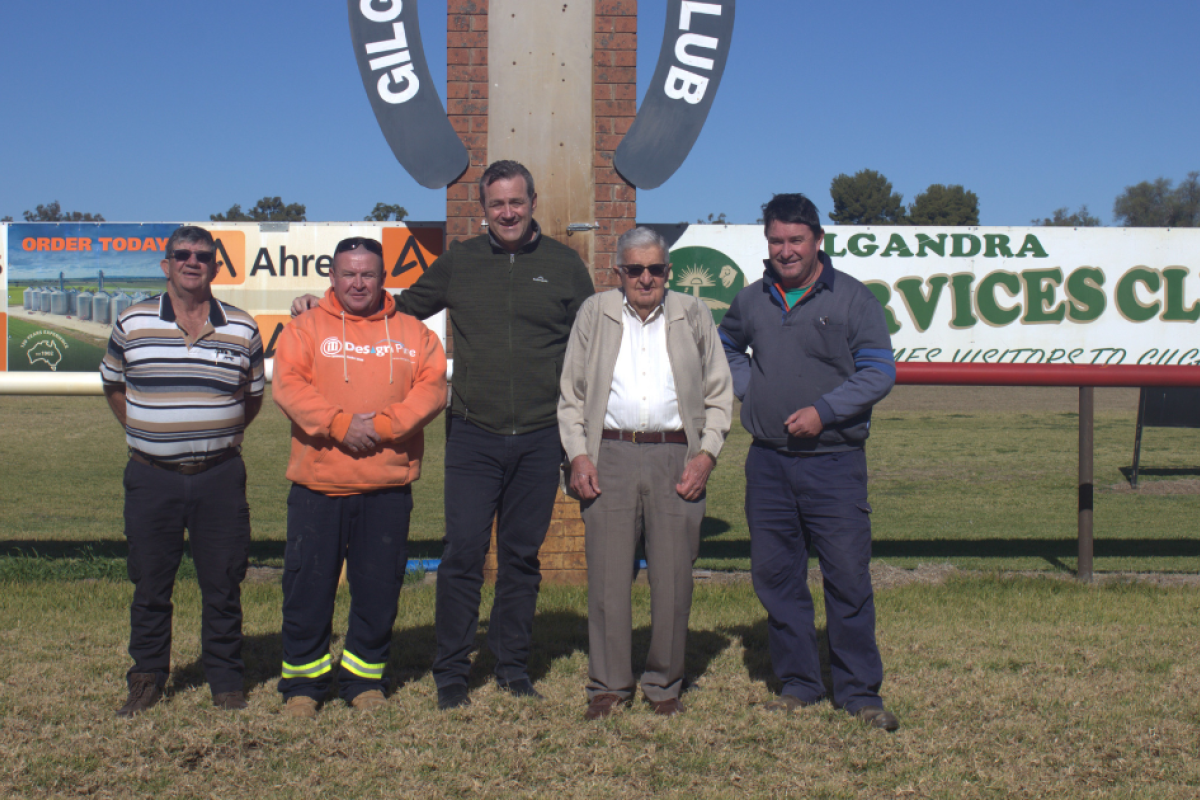 Trevor Johnson, Jason Tate, NSW minister for Crown Lands Steve Kamper, John Smith, and Andrew Schier at the Gilgandra racecourse during the minister’s recent visit to central west NSW. Photo by The Gilgandra Weekly: Ella Mudford.