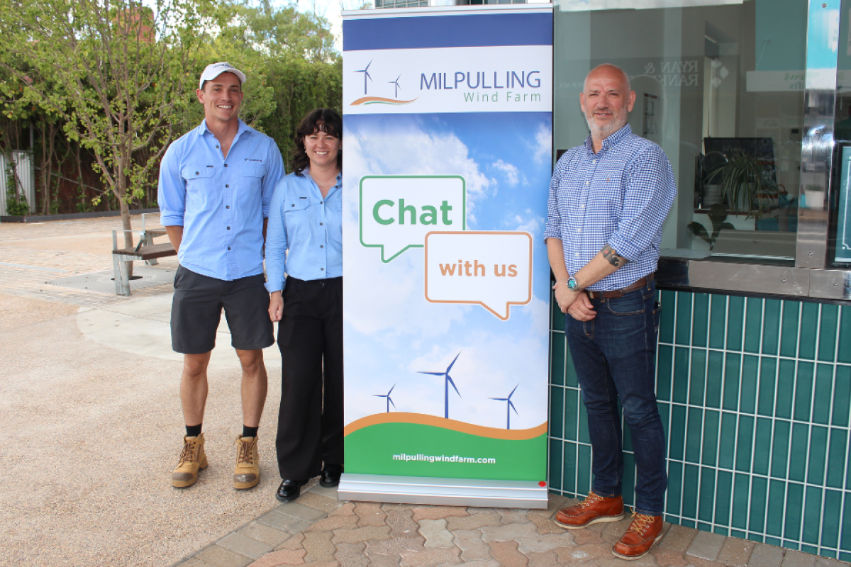 Goldwind Australia representatives, Kurt, Sasha, and Neale, at last Thursday’s community consultation session in Gilgandra. Photo by The Gilgandra Weekly: Lucie Peart.