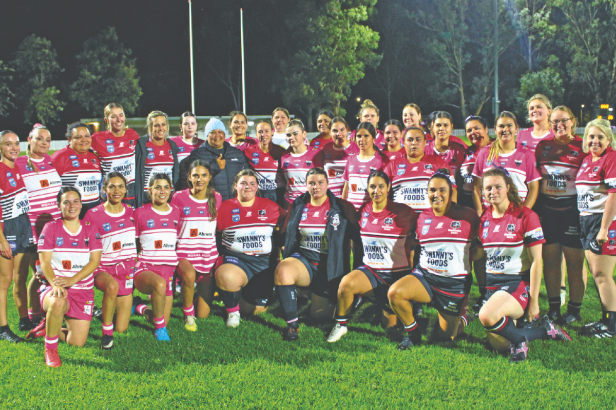 The Gilgandra Pink Panthers and Coonamble sides with Kylie Louie after their Castlereagh League ladies league tag match at McGrane Oval, Gilgandra last Friday night. Photo by The Gilgandra Weekly: Lucie Peart.
