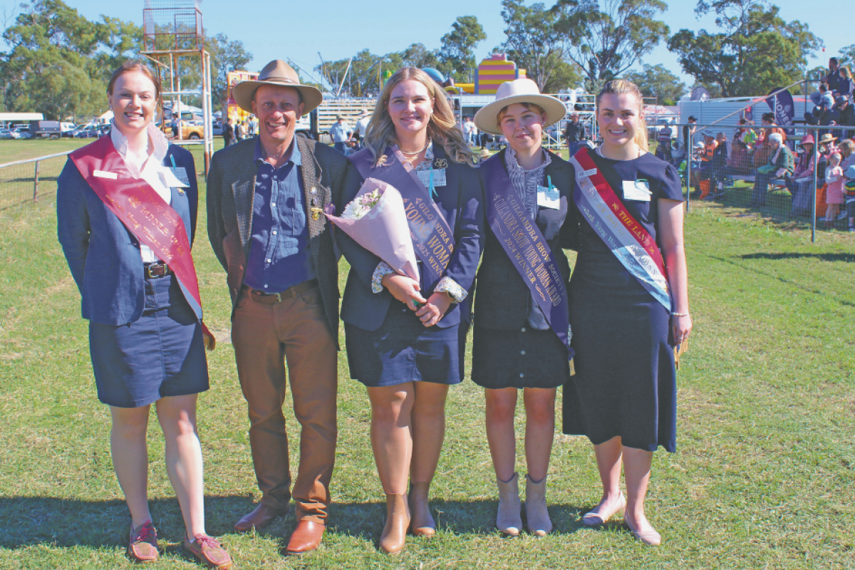 2025 The Land Sydney Royal AgShows NSW Young Woman runner-up Sophie Cargill, Gilgandra Show president Alan Smith, 2025 Gilgandra Young Woman Georgia Briggs, 2024 Gilgandra Young Woman Tahlee Rose Duffy, and 2025 The Land Sydney Royal AgShows NSW Young Woman Cassandra Bush. Photos by The Gilgandra Weekly.